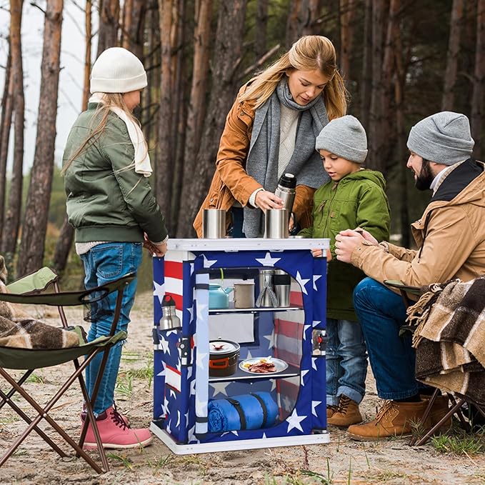 EAGLE PEAK Outdoor Folding Camping Table with Large 3-Tier Storage Organizer and Side Pockets Easy Set Up Portable Aluminum Camping Kitchen American Flag