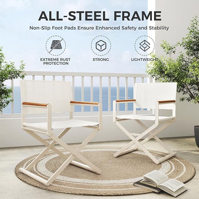 Grand patio Extra-Wide 2-Pack Directors Chairs Folding Dining Chair Set of 2 with Sling and Woodgrain Armrests Outdoor Apricot