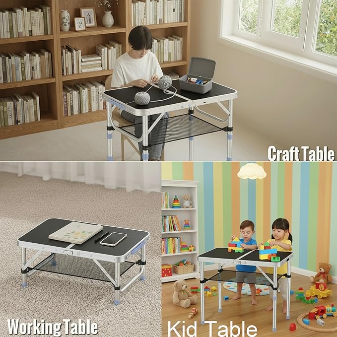 Small Folding Table Portable 2FT Camping Pinic Table with 3 Adjustable Height Aluminum Foldable Lightweight Patio Side Table with Carry Handle for Outdoor Hiking Camp BBQ Beach (Black)