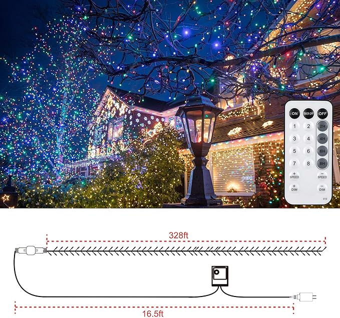 328 FT 1000 LED Christmas Lights Waterproof Christmas Lights Outdoor with 8 Modes&ampTimer Plug in Fairy Light for Xmas Garden Patio Tree Party Holiday Decoration（ Multicolor）