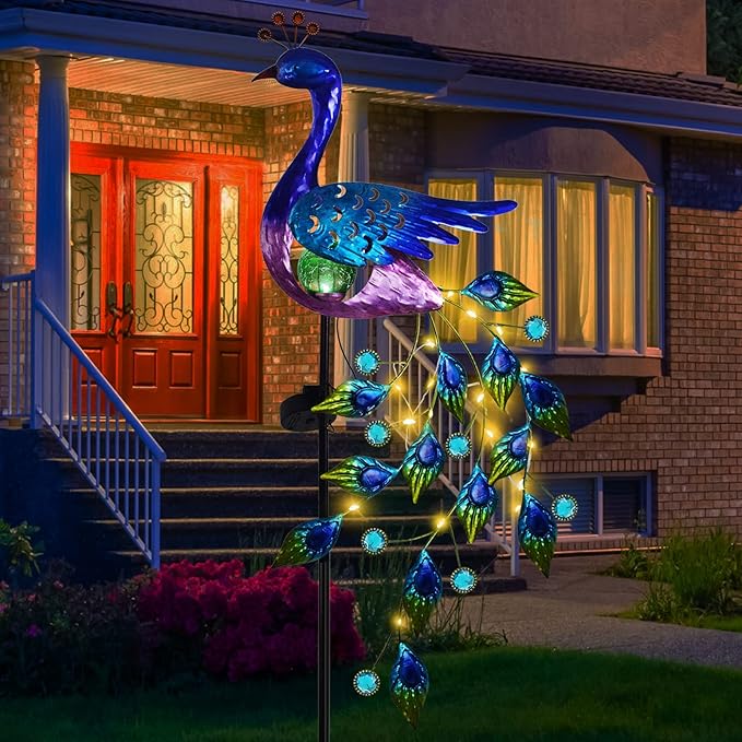 DREAMSOUL Peacock Solar Garden Lights Outdoor Decorative Stake Waterproof Metal Peacock Garden Decor Solar Powered Landscape LED Path Lights Walkway Patio Decoration Lawn Ornament