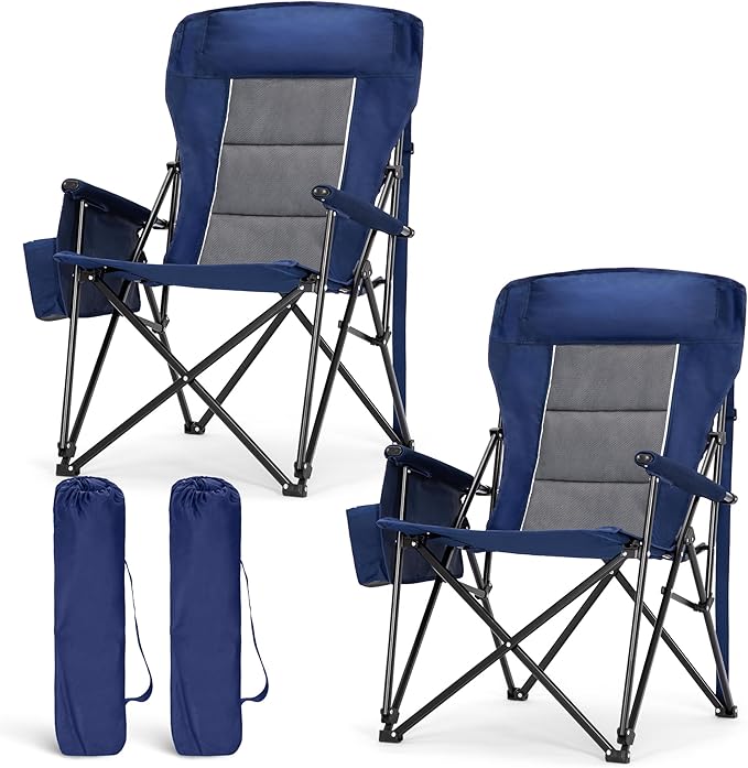 LET'S CAMP Oversized Camping Chairs 29.52 High Back Heavy Duty Lawn Chair Support 500LBS Portable Collapsible Chair with Cup Holder Side Pocket2 Pack(Blue)