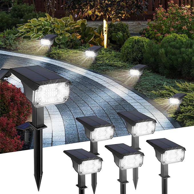 Kingsyard Solar Lights Outdoor Waterproof IP68 47 LEDs 3 Lighting Modes USB &amp Solar Powered Garden Yard Pathway Spot Lights for Outside Landscape Auto On/Off 6 Pack(Cool White)