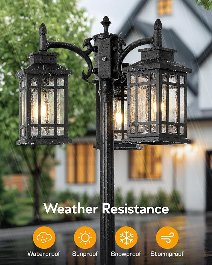 Dusk to Dawn Outdoor Lamp Post Light Black Outdoor Street Lights 3-Head Hardwired Lamp Post Light Fixture for Outside Outside Pole Light Fixtures with Bubble Glass for Yard Garden Backyard