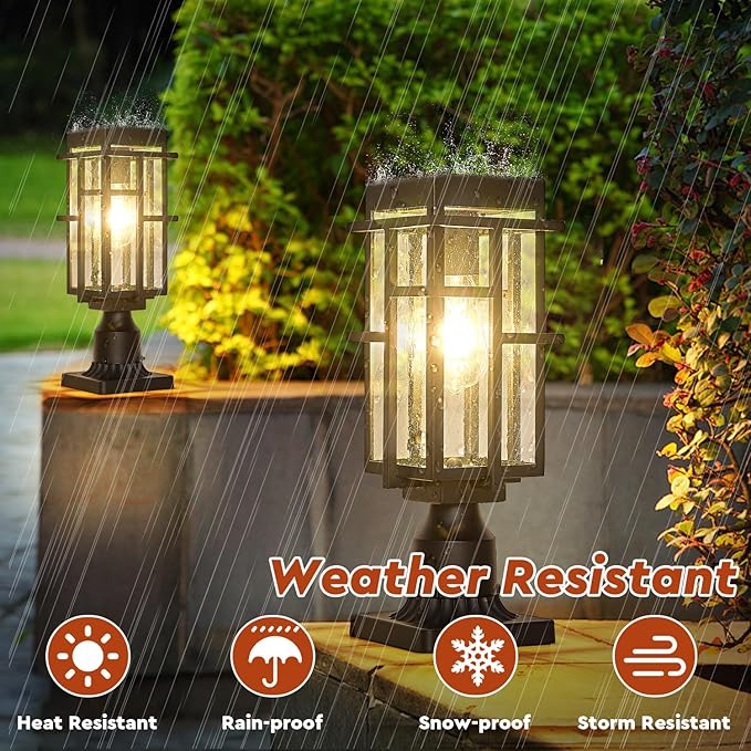 Outdoor Solar Lamp Post Light with Pier Mount Base Dusk to Dawn Aluminum Outside Solar Pillar Lights with Seeded Glass Waterproof Exterior Pole Light for Garden Pathway Patio Black