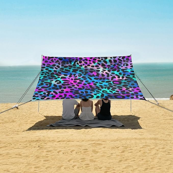 Holographic Leopard Print Beach Tent Sun Shelter 9.2' x 10.5' Beach Canopy with 4 Sandbags 4 Stability Poles Sand Shovels - Tent Canopy for Beach Camping Fishing Picnics
