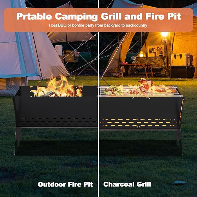 Camping Campfire Grill 2 Packs | Portable Folding Charcoal Grills Backpacking &amp BBQ Grill Heavy Duty Firepit Grate Grill with Carry Bag for Outdoor Cooking Bonfire Patio Backyard-31 Inch