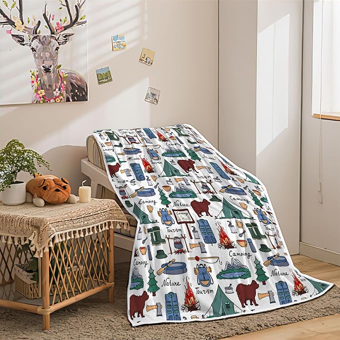 Camper Throw Blanket RV Camper Accessories for Travel Trailers Throw Blanket Flannel Camping Soft Warm Cozy Throws Cover for Couch Chair Sofa Bed Outdoor Inside Travel Decor