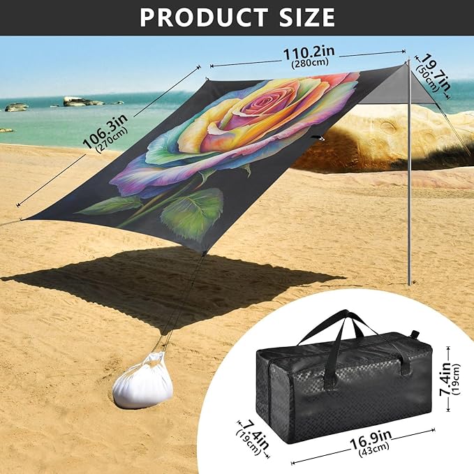 ALAZA Rainbow Rose Flower Watercolor Beach Tent Sun Shelter UPF50+ Protection Beach Shade Canopy w/ 4 Sandbags for Outdoor Camping Fishing Backyard Fun Picnic 10x9 ft