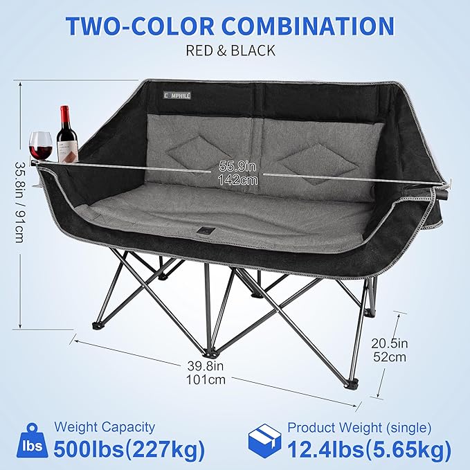Oversized Double Camping Chair-Heavy Duty 2 Person Folding Loveseat Camp Couch for AdultsPortable Outdoor Lawn Chairs with Padded Seat for FishingSports and PatioSupports 500 LBSBlack