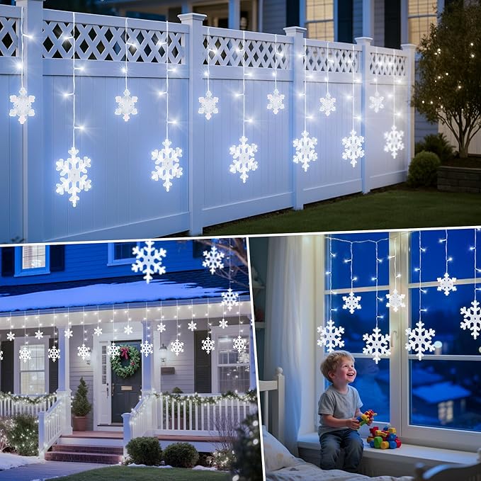 Brightown Christmas Snowflake Lights Outdoor - 13FT 192LED Snowflake String 16 Drops 12 Modes Timer IP65 Waterproof Connectable Xmas Lights for Eaves Windows Indoors &amp Outdoors