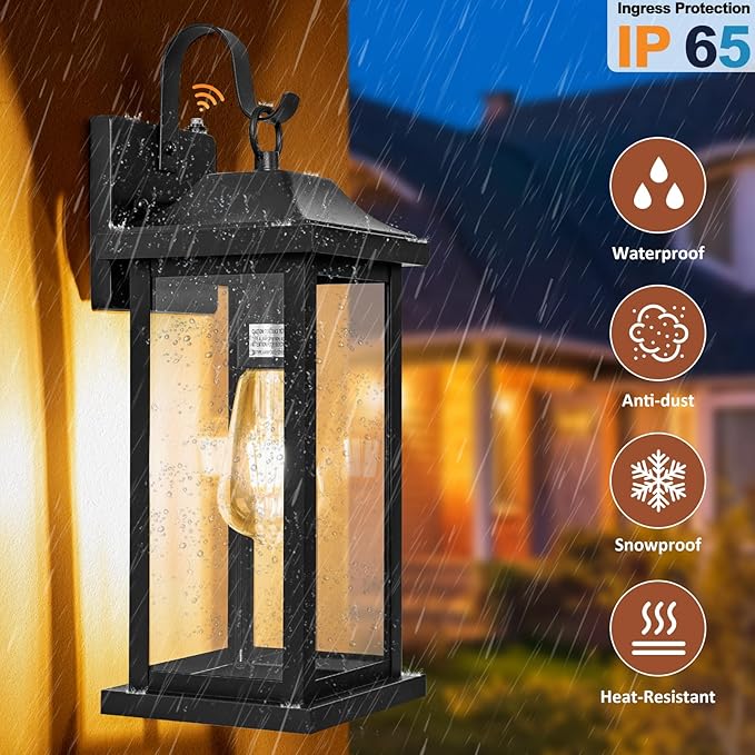 Dusk to Dawn Large Outdoor Wall Light 17 Inch Exterior Light Fixture Porch Light with Tempered Clear Glass IP65 Waterproof Anti-Rust Outside Wall Sconce Matte Black Wall Lantern 1-Pack