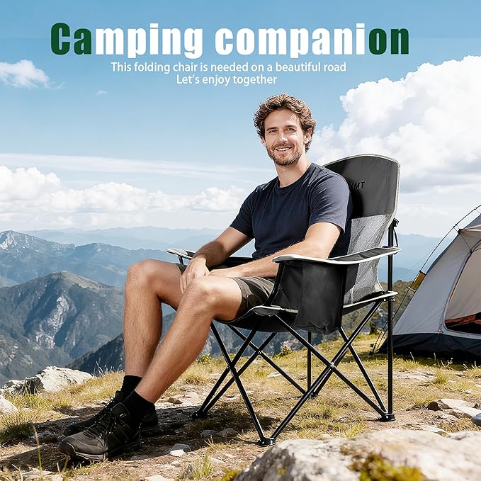 Portable Outdoor Folding Chair with Cup Holder &amp Cooler Bag - Breathable Mesh Wide Armrests Ergonomic Design for Camping Beach Backyard - Includes Storage Bag &amp Bottle Opener (Black/Green/