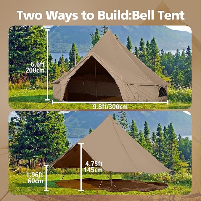 Cotton Canvas Bell Tent Waterproof Large Tents with Sturdy Center &amp Door Pole and Space for 4/6/8 Person All 4 Season Camping Yurt Tent