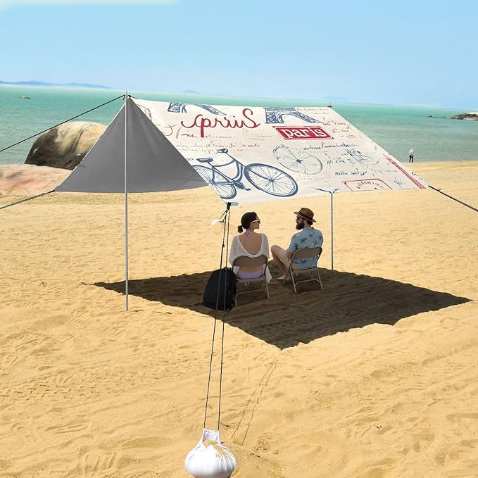 Bolaz Beach Canopy Tent Sun Shade9'×10.5' Large Family Beach Shade UPF50+- Outdoor Shade for Camping Trips FishingEiffel Tower Pattern
