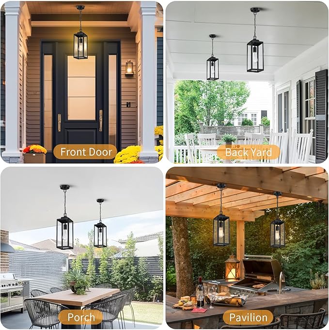 2 Packs 15'' Large Outdoor Pendant Light Modern Outside Chandelier Outdoor Hanging Lantern Light Matte Black with Clear Glass Exterior Pendant Lighting Fixture Ceiling Mount for Porch Gazebo