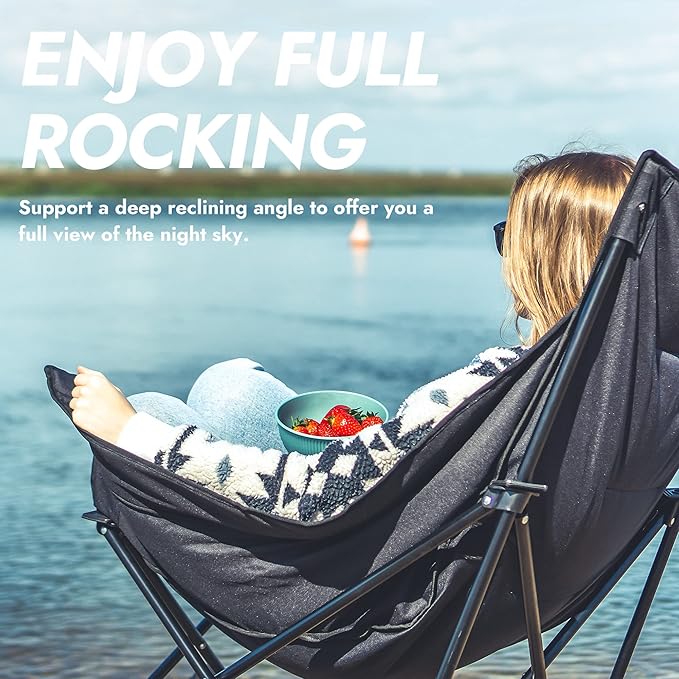 Dowinx Oversized Rocking Camping Chair Fully Padded Patio Chair with Side Pocket and Carry Bag High Back Portable Lawn Recliner with Headrest Support 300 lbs Grey