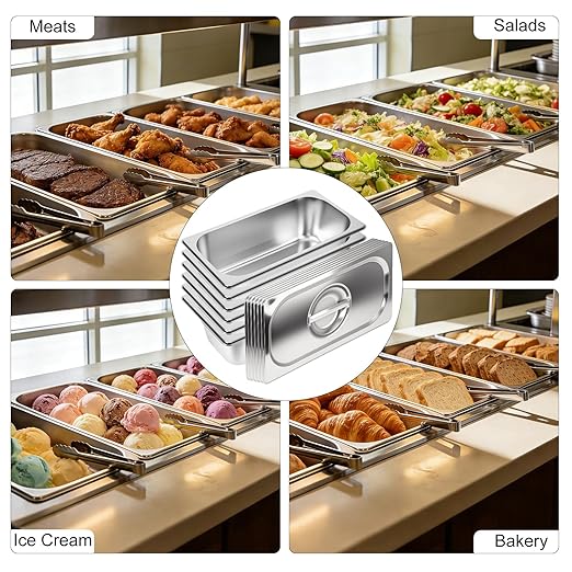 6 Pack 1/3 Size Hotel Pans 4 Inch Deep with Lids Stainless Steel Steam Table Pan with Lids Commercial Food Pans for Hotel Home Restaurant Catering Buffet Pan