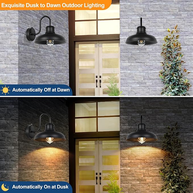 TOBUSA 2-Pack Dusk to Dawn Outdoor Wall Lights Farmhouse Gooseneck Barn Lights Waterproof 11.5'' Matte Black Outside Wall Sconces for House Porch Garage