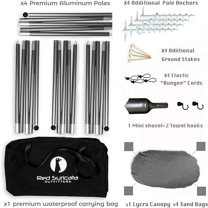 Red Suricata Family Beach Parasol - Sun Shade Canopy | UPF 50 UV Protection | Tent with 4 Aluminium Poles 4 Pole Anchors 4 Sandbag Anchors | Large &amp Portable Shelter Tarp