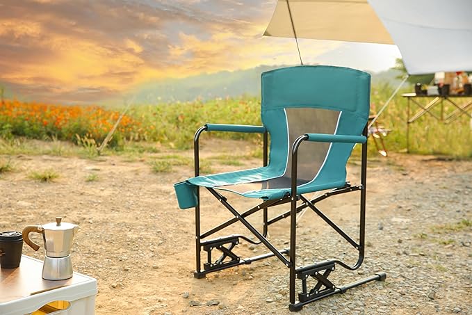 Outdoor Freestyle Rocker Camping Chair Portable Folding Rocking Chair with Solid Armrests Drink Holder Comfortable Backrest Blue