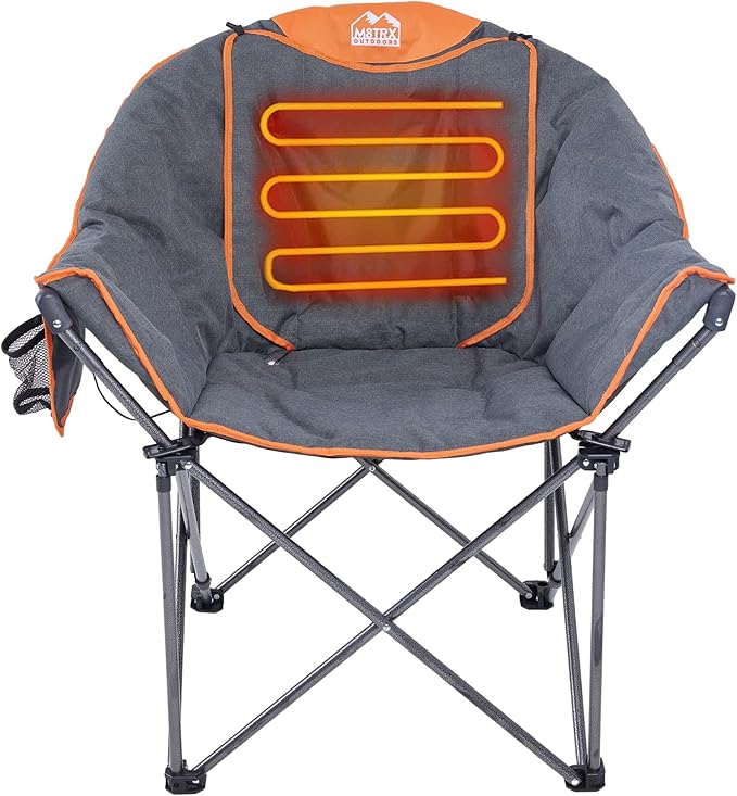 M8TRX Heated Camping and Club Chair Outdoor Portable Folding Chair Supports 350 LBS USB Charging Port Orange and Grey