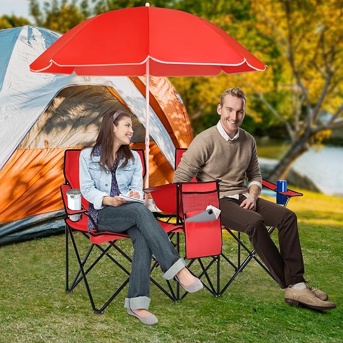 Double Camping Chair 2-Person Portable Beach Chair w/Removable Umbrella Cup Holders &amp Carrying Bag Folding Loveseat Chairs for Adults Outdoor Picnic (Red)