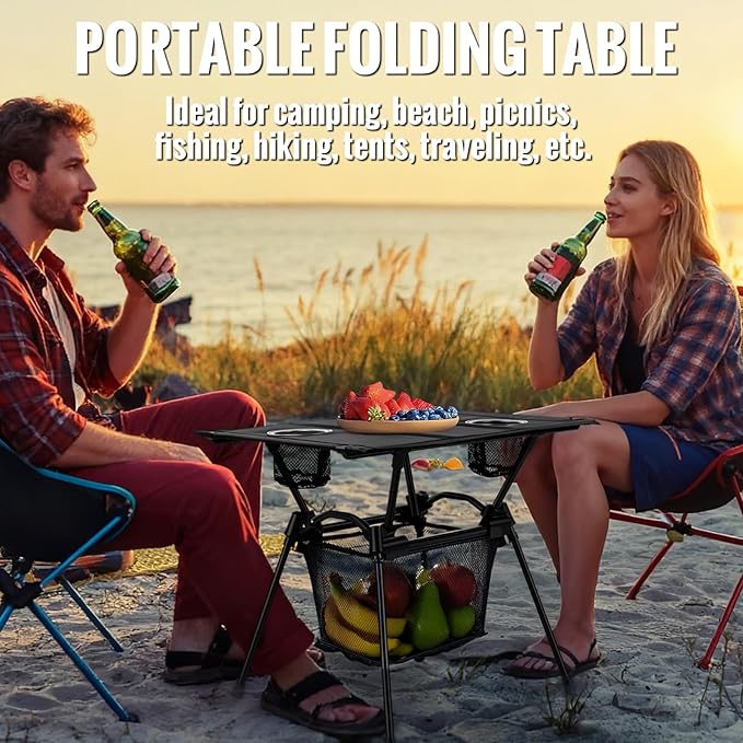 GARLLEN Folding Camping Table Ultralight Compact Beach Table with Fabric Tabletop Portable Folding Picnic Table with Cup Holder &amp Storage Net for Sand Camping Outdoor 23.2“L x 15.7”W