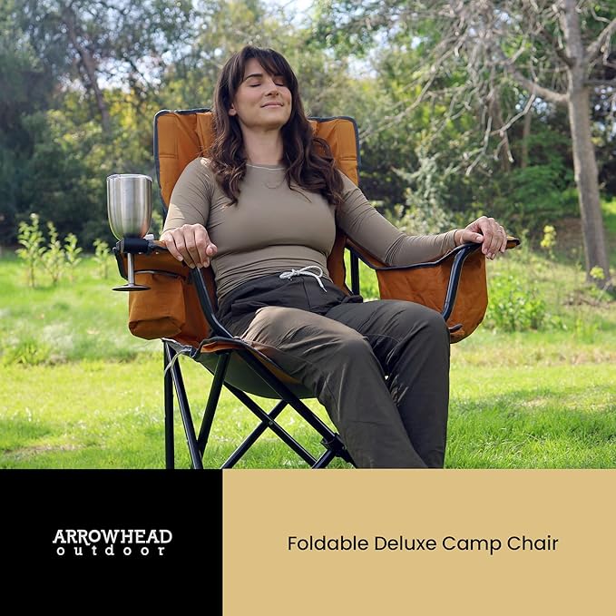 ARROWHEAD OUTDOOR 2-Pack Portable Folding Camping Quad Chair w/ 6-Can Cooler Cup &amp Wine Glass Holders Heavy-Duty Carrying Bag Padded Armrests Headrest &amp Seat Supports up to 550lbs
