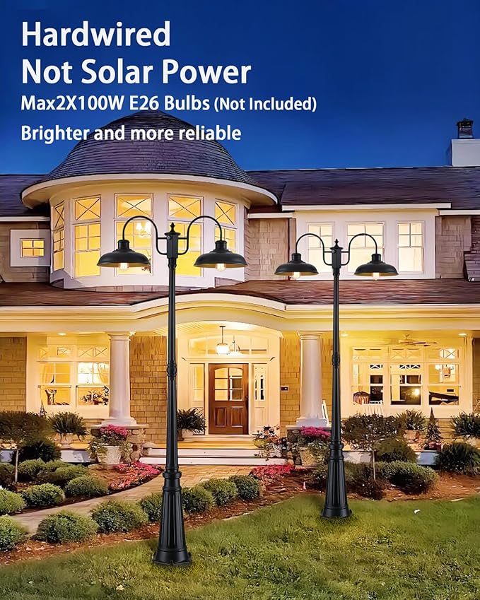 Outdoor Post Light Dusk to Dawn Outdoor Lamp Post Lights 2-Head Farmhouse Street Light Fixture Exterior Black Pole Lights Waterproof Lantern Lamp Outdoor Lighting for Garden Patio Pathway