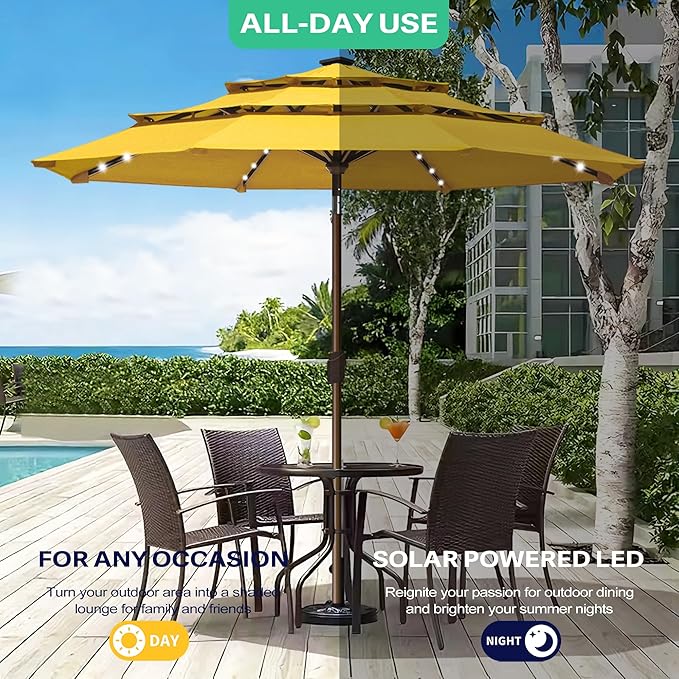 EliteShade USA 10-Year-Non-Fading 10Ft 3 Layers Market Umbrella with 80 LED Lights Patio Umbrella Outdoor Table Umbrella with Ventilation(Sunflower Yellow)
