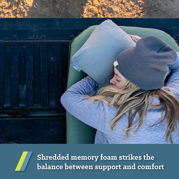 Klymit Drift Camping Pillow Shredded Memory Foam Travel Pillow with Reversible Cover for Outdoor Use Green Large