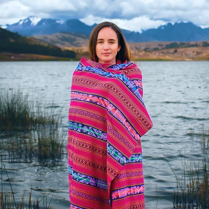 Lucio Fabrics Unique Native Peruvian Throw - Vibrant Colors Lightweight Durable - HomeYoga BeachCampingPicnicOutdoor Activities Thin Blanket 70'' x 47'' (Fuchsia Sacred Valley Weave)
