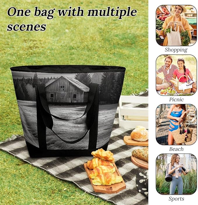 Insulated Shopping BagLarge Reusable Cooler Bags Barn Black And White Printed Foldable Shopping BagTravel Waterproof Shoulder Bag