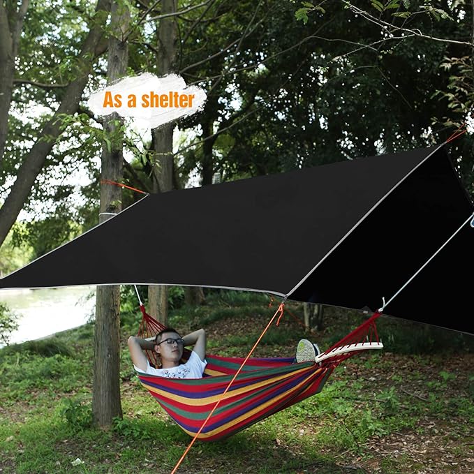 REDCAMP Hammock Rain Fly Camping Tarp Waterproof 10x10ft Lightweight Backpacking Rain Tarp Shelter for Hiking Outdoor Black