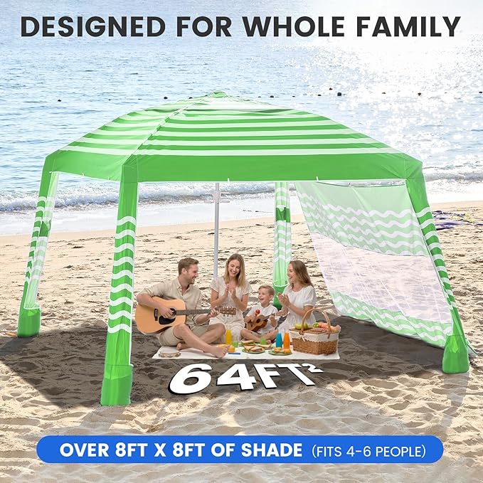 Zeraty Beach Cabana 8'×8' Portable Beach Canopy with Side Wall Easy Pop Up UPF 50+ Silver-Coated Beach Tent Sun Shelter Wind Resistant Adjustable Height Beach Umbrella Tent for Family Green