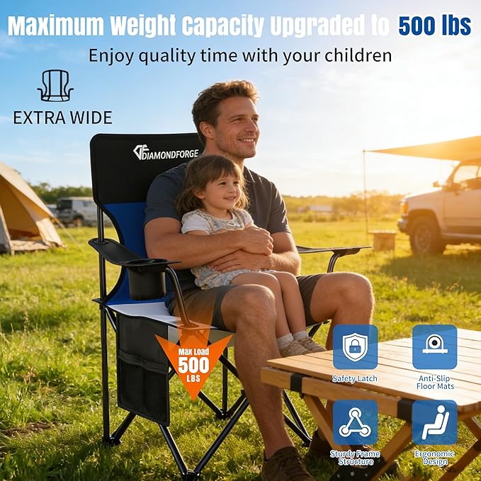 Oversized Folding Camping Chair 500lbs Bearing Capacity Portable Lawn Camping Chair for Adult Outdoor Camping Chair with Wider Cup Holder and Side Pocket for Hiking Fishing Sports