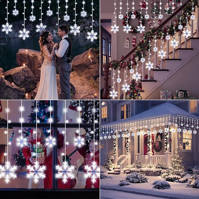 Christmas Snowflake Curtain String Lights 10.2FT 156LED Icicle Lights for Outside with 12 Drops 8 Modes Waterproof Connectable Fairy Window Light for Eaves Garden Yard Indoor Outdoor Xmas Decor