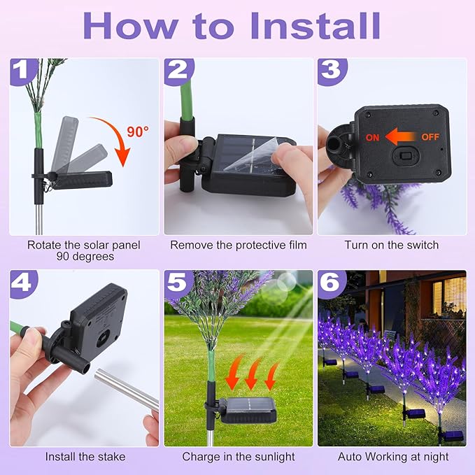 6 Pack Lavender Solar Garden Lights – Outdoor Waterproof Solar Flowers with LED Solar Powered Garden Décor for Pathway Yard Patio Lawn Halloween &amp Seasonal Decoratio