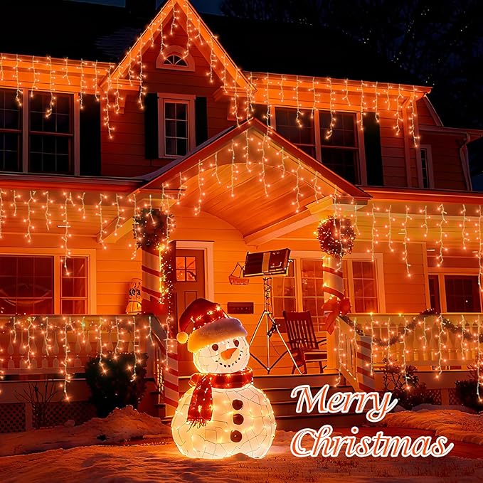 QITONG Orange Icicle Lights for Outside 33ft 400 LED String Light with 8 Modes Clear Wire Connectable Icicle Christmas Lights Indoor Plug in for Halloween Thanksgiving Fall Décor