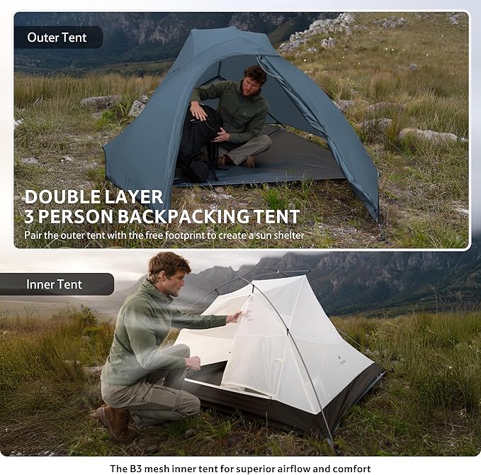 Naturehike Cloud Up 3 Person Backpacking Tent with Footprint - 3 Season Free Standing Lightweight 3 Person Camping Tent | with Footprint Free Standing Dome Camping Hiking Waterproof