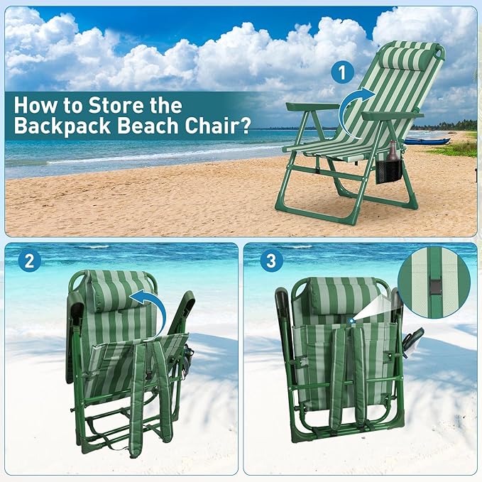Suteck Backpack Beach Chair for Adults - 6-Position Folding Reclining Chair with Cooler Bag &amp Cup Holder Lightweight Portable Beach Chair for Camping Outdoor Sand Travel Use