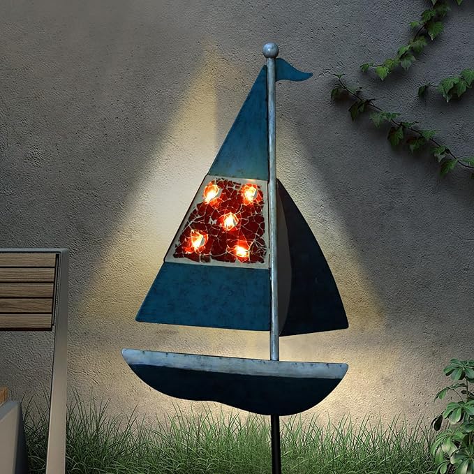 Solar Garden Lights Sailboat Stake Decor-Yard Outdoor Statue Decorations Waterproof 5 LED Metal Landscape Lighting Flower BedPondYardLawn Gift for Mom Grandma Women
