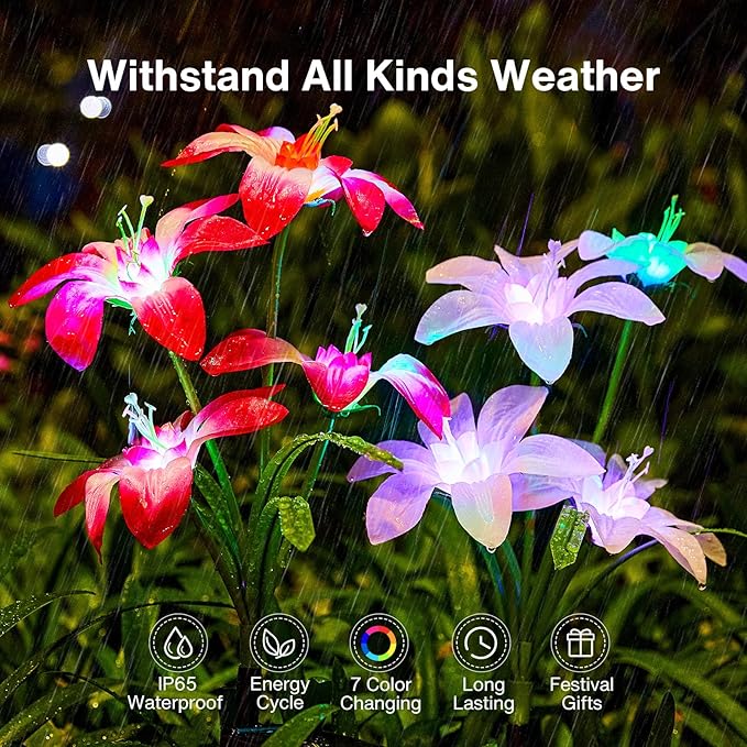 Solar Garden Lights Outdoor 4 Pack Blooming Lily Solar Flowers Outdoor Waterproof 7 Color Changing Bigger Flower Lights for Yard Patio Decor Gift for Mom