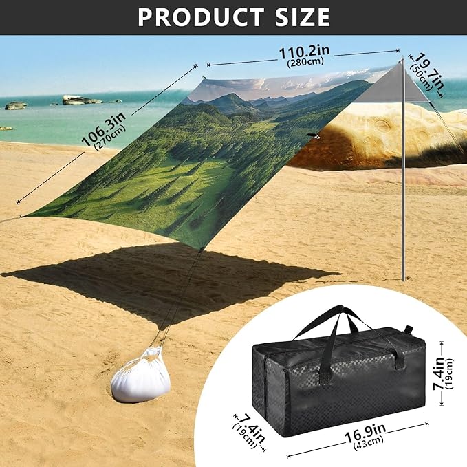 Forest Landscape Pattern Beach Tent Sun Shelter 9.2' x 10.5' Beach Canopy with 4 Sandbags 4 Stability Poles Sand Shovels - Tent Canopy for Beach Camping Fishing Picnics