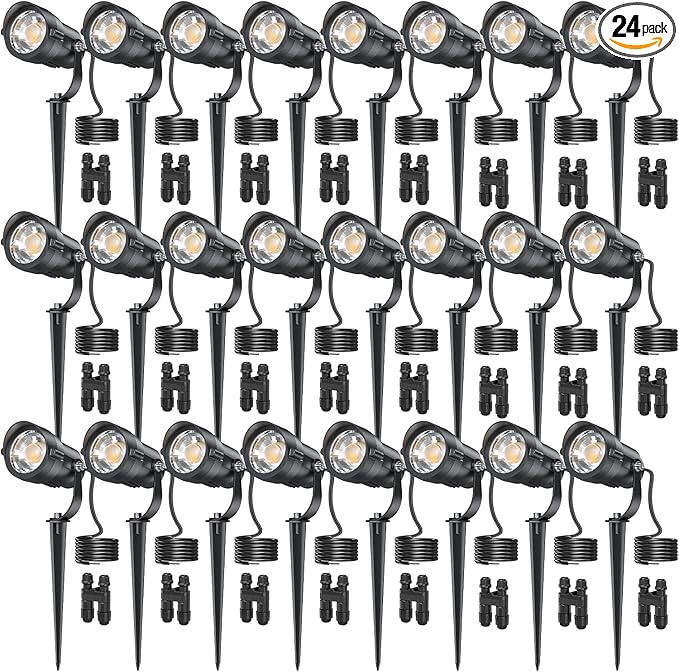 HIBOITEC Spotlights Low Voltage Landscape Lighting with Connectors 600LM 2900K Landscape Lights Kit 12-24V AC/DC IP65 Waterproof for House Yard Trees Garden Outdoor 24 Packs