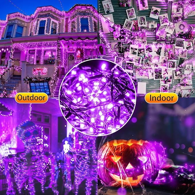 New Upgraded Purple Solar String Lights Outdoor 2 Pack Total 144FT 400LED Solar &amp USB Rechargeable 19 Mode Solar Halloween Lights for Outside Yard Patio Garden Party Xmas Halloween Decorations Pu