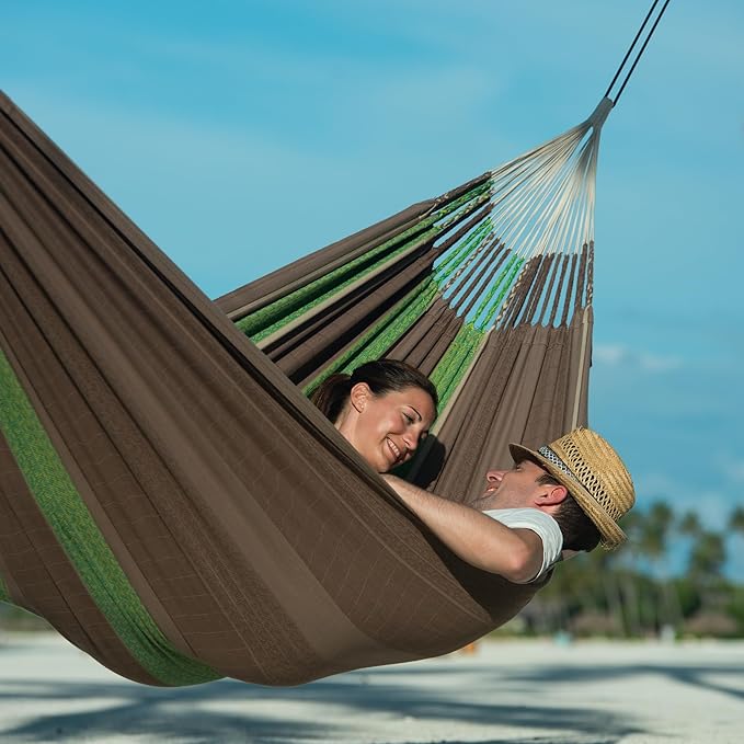 LA SIESTA Flora Classic Cotton Hammock with TreeMount &amp Straps - Extra Large Patio &amp Indoor / Outdoor Hammock Bed 2 Person King Size Chocolate