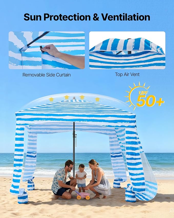 VEVOR Beach Cabana 6 x 6 ft Beach Canopy with Side Wall UPF 50+ Protection Easy Setup Cabana Tent with Sand Pockets Portable Shade Sun Shelter Umbrella for Whole Family &amp Friends Blue Stripes