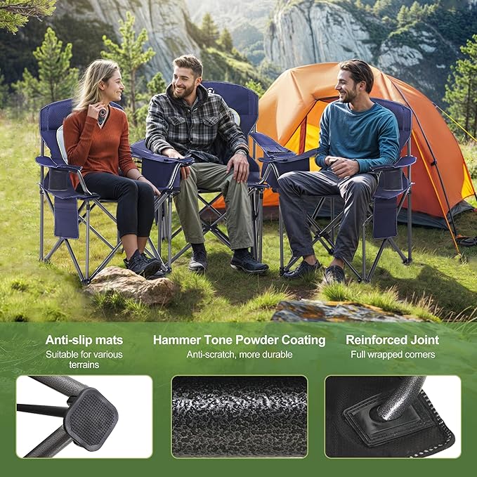 LET'S CAMP Oversized Folding Camping Chair Portable Outdoor Heavy Duty Padded Chairs Lawn Chair with Cup Holder Storage Pocket and Cooler Bag Supports 450LBS for Camp Travel Picnic2 Pack(Blue)